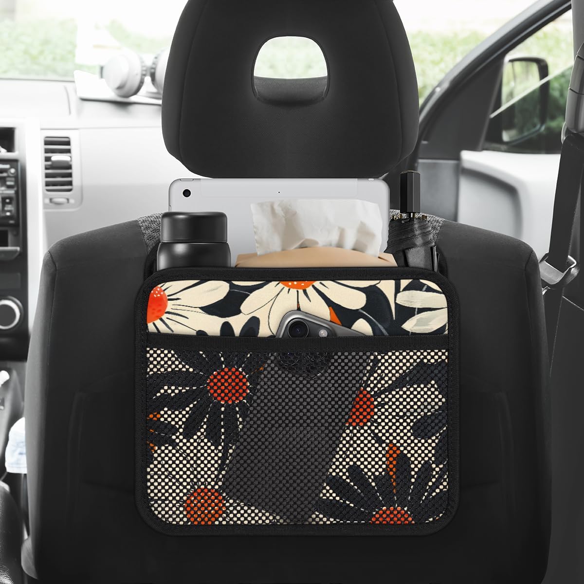 Car Backseat Organizer, PU Leather Back of Seat Cars Hanging Organizer with Pockets Leakproof Car Garbage Bag Hanging Cars Seat Storage Box Travel Accessories Foldable (Flower Orange)