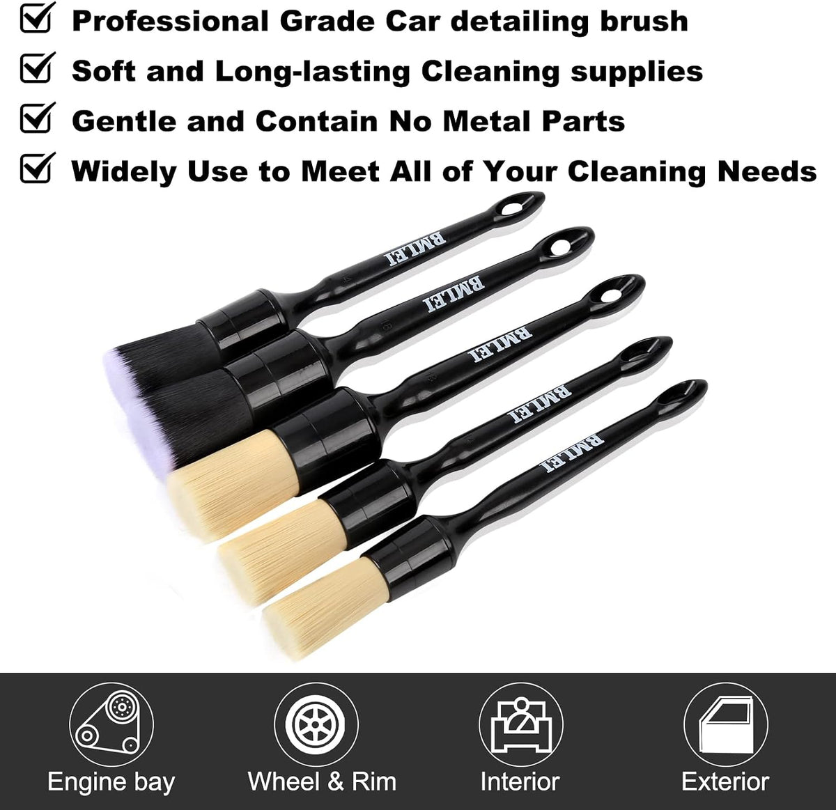BMLEI 5pcs Car Detailing Brushes Set, Boars Hair Auto Car Detail Brush Kit