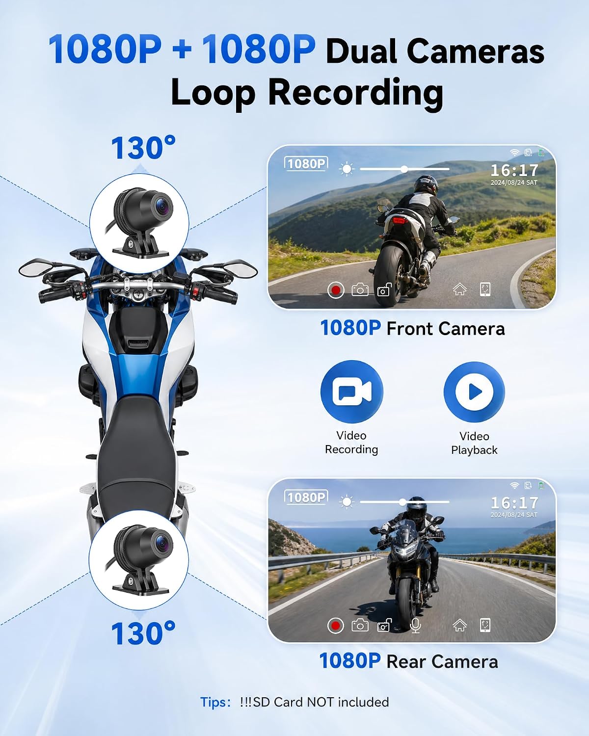 UNITOPSCI 5'' Motorcycle CarPlay Screen, Motorcycle with Dual 1080P Dash Cam, Supports Wireless A-pple CarPlay Android Auto Screen with GPS Navigation Moto Bluetooth IP67 Waterproof