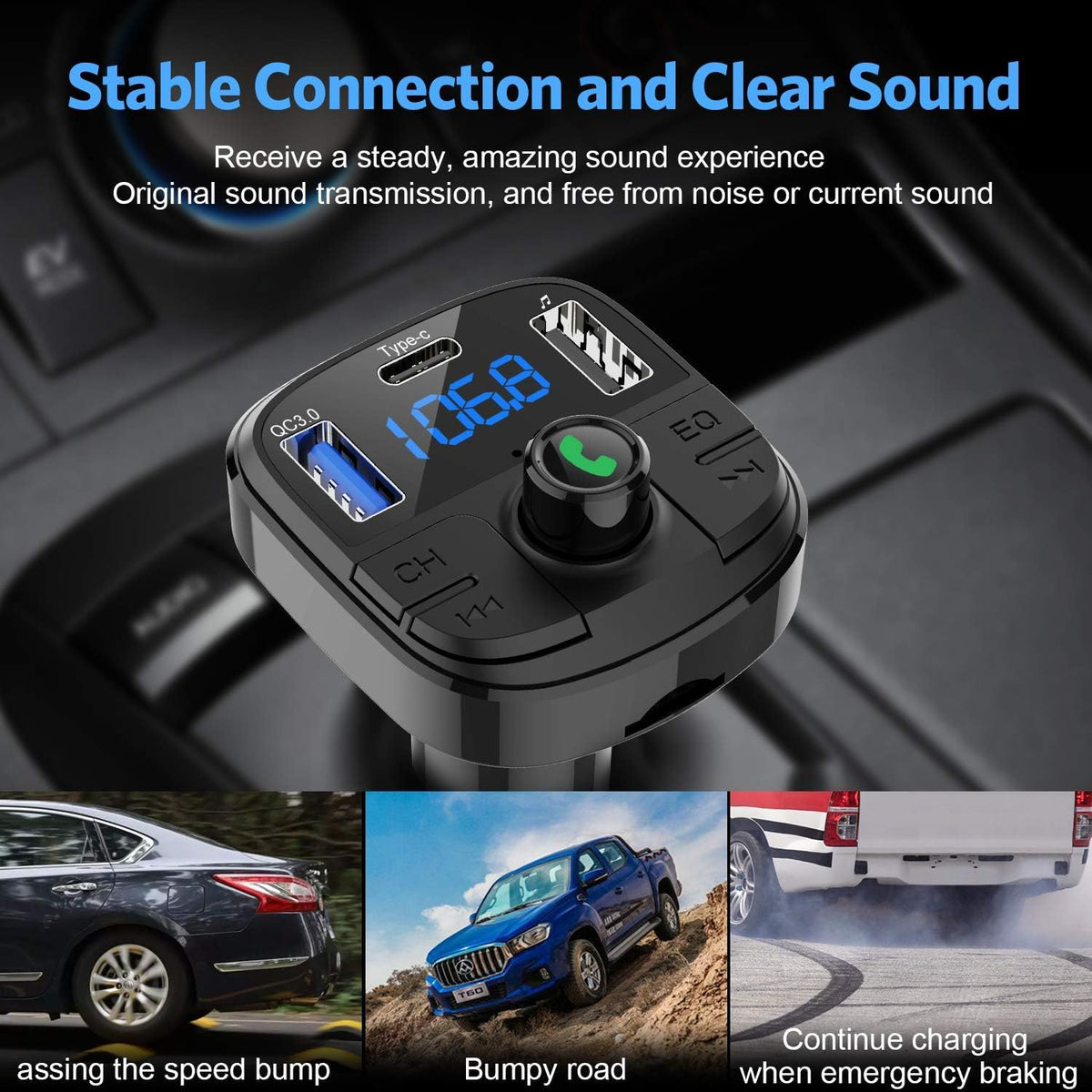 Bluetooth FM Transmitter for Car, BT 5.0 & QC3.0 Car Bluetooth Adapter with 5 EQ Mode, 3 Charging Ports Support USB Disk, TF Card Hands-Free Car Kits