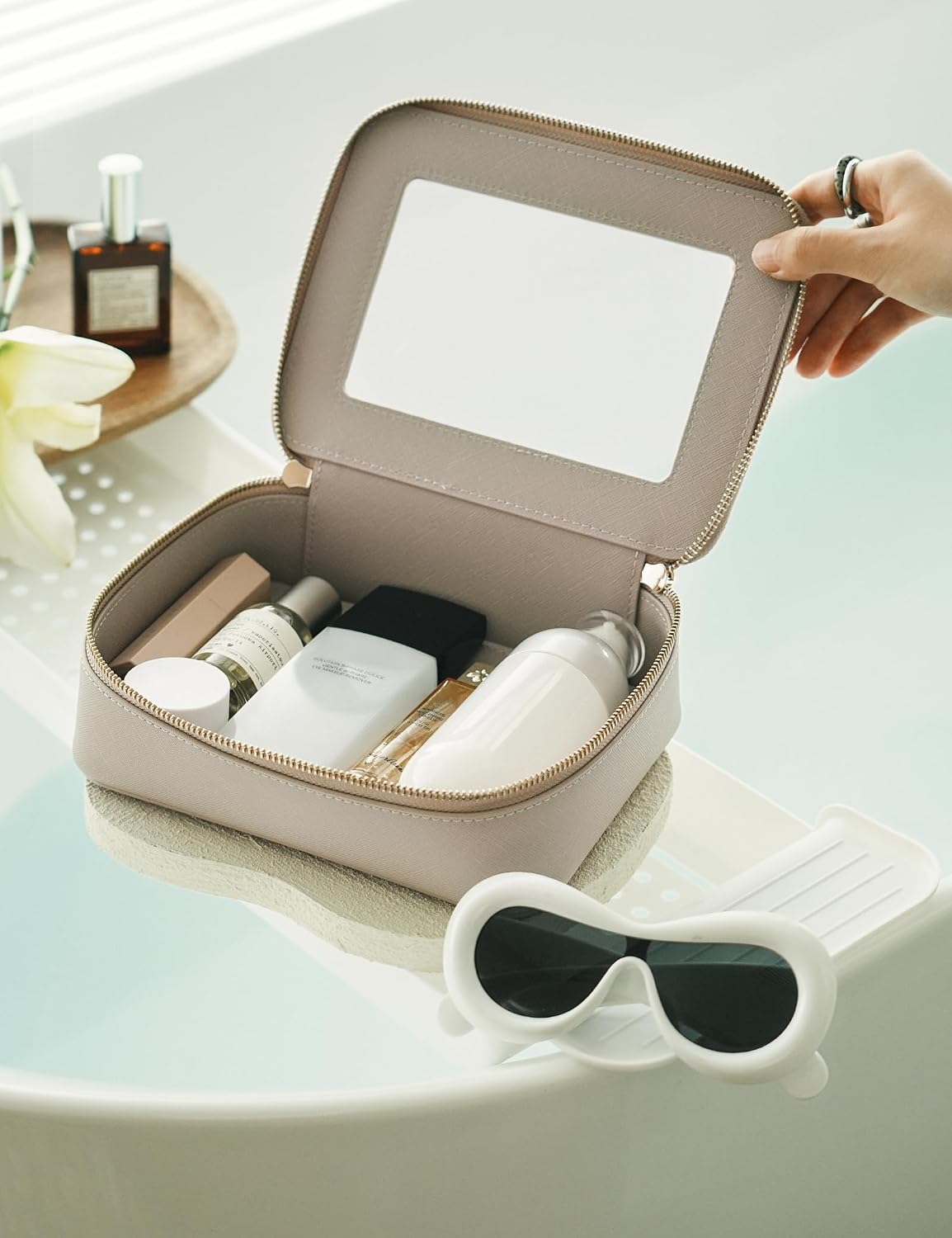 Popvibe Clear Makeup Bag Travel Cosmetic Case Clear Toiletry Bag with Zipper Make Up Organizer Traveling Compact Car Bag Stone Medium