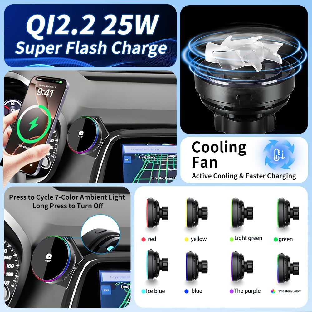 Qi2.2 Max 25W Fast Wireless Car Charger Phone Holder for Chevrolet Chevy Camaro 2016 2017 2018 2019 2020 2021 2022 2023 2024 Auto Accessories Magnetic Cell Phones Mount Compatible with MagSafe