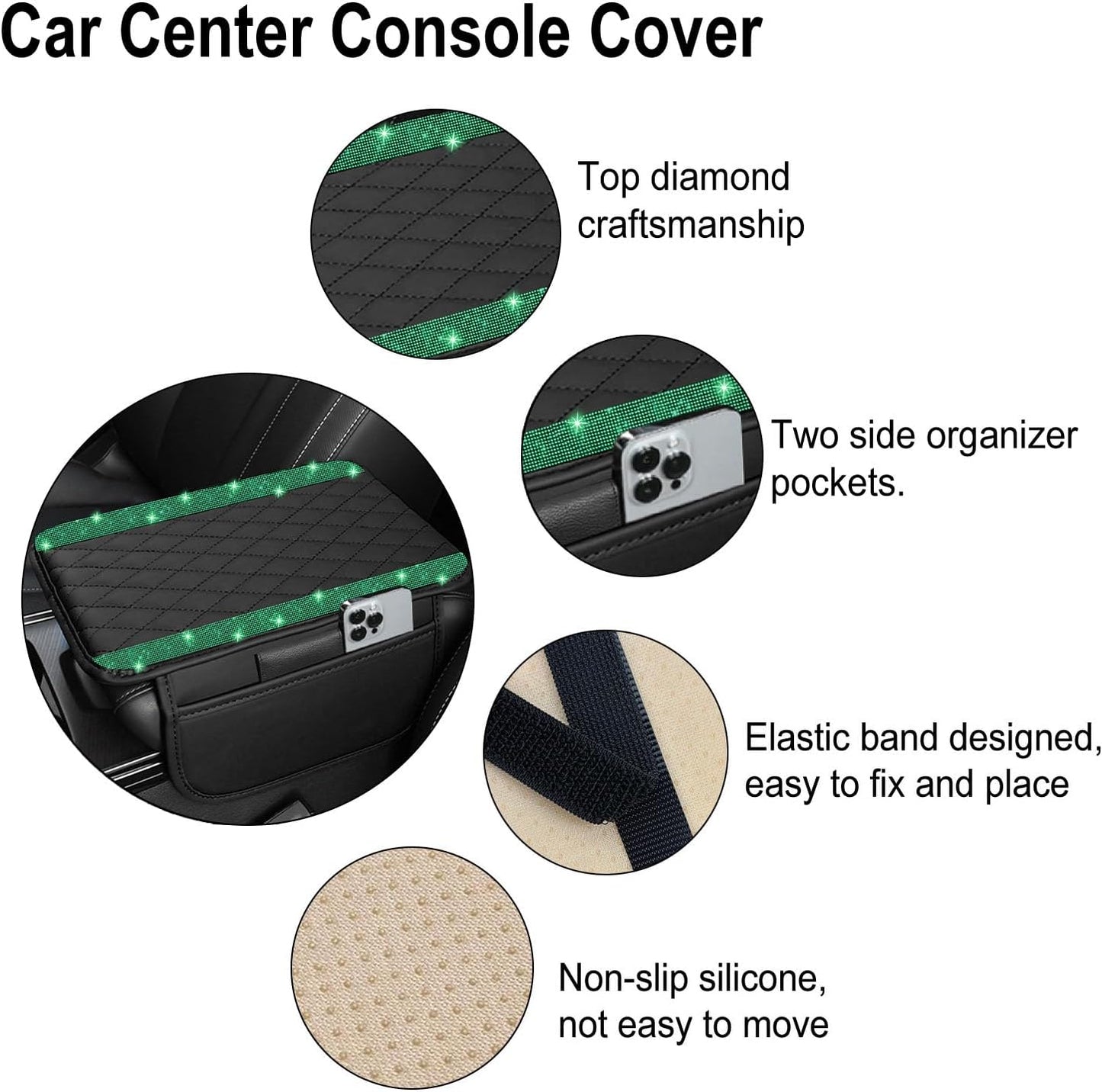 NBTEPEM Bling Car Center Console Cover, Leather Car Arm Rest Cover Cushion with 2 Storage Bags, Universal Auto Armrest Protector Storage Box, Bling Accessories Interior for Most Vehicles (Green)