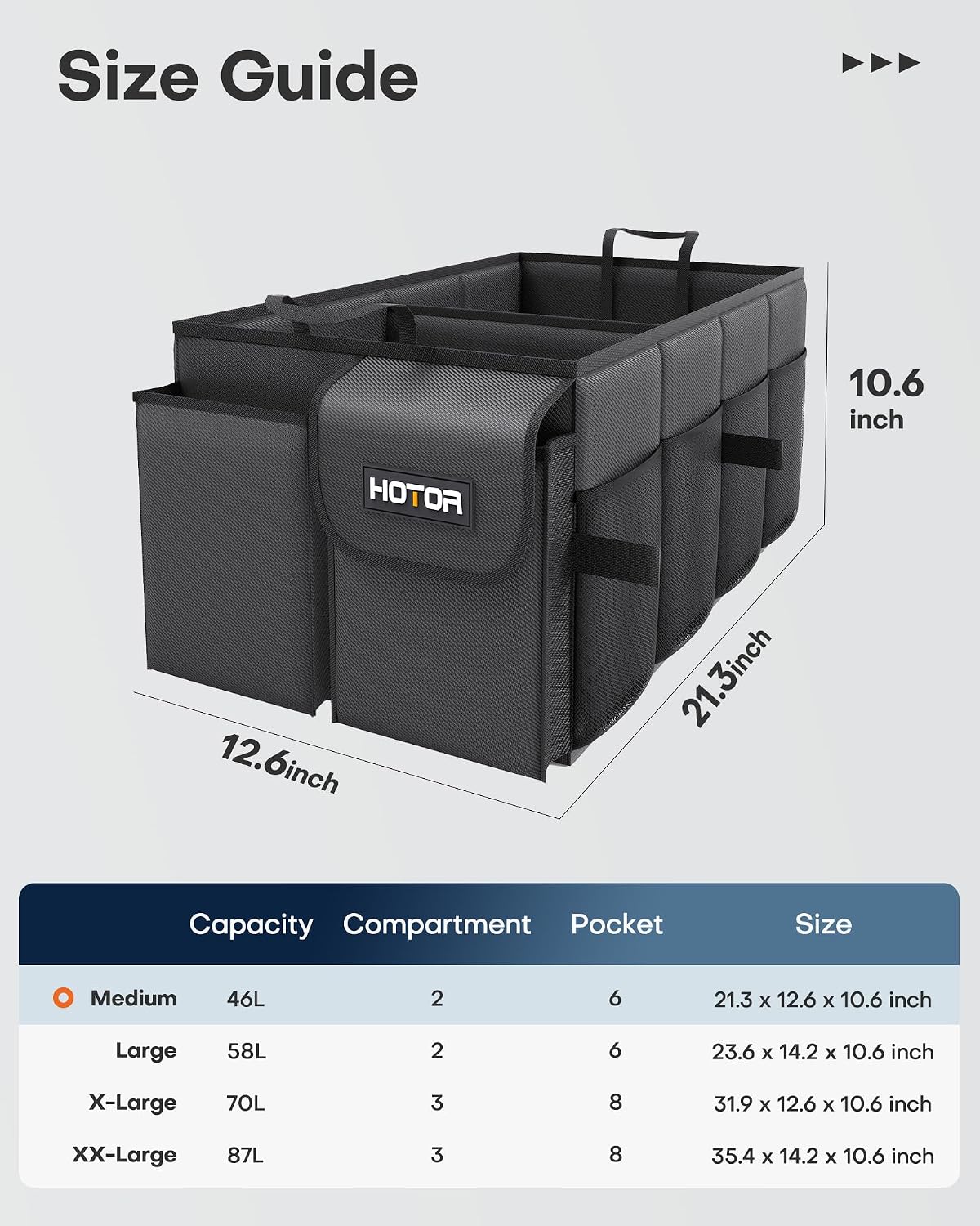 HOTOR Trunk Organizer - Car Organizer, Foldable Trunk organizer for SUVs & Sedans, Sturdy Car Organization for Car Accessories, Tools, Sundries, Black, 2 Compartments, 21.3"×12.6"×10.6"