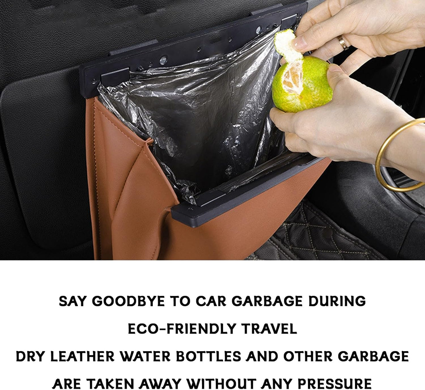 Leather Car Trash Can with Magnetic Closure, Leak-Proof Waterproof Hanging Car Trash Bin with Disposable Bags, Odor-Lock Garbage Can Organizer for Backseat, Console, Door, SUVs, Trucks (Brown)
