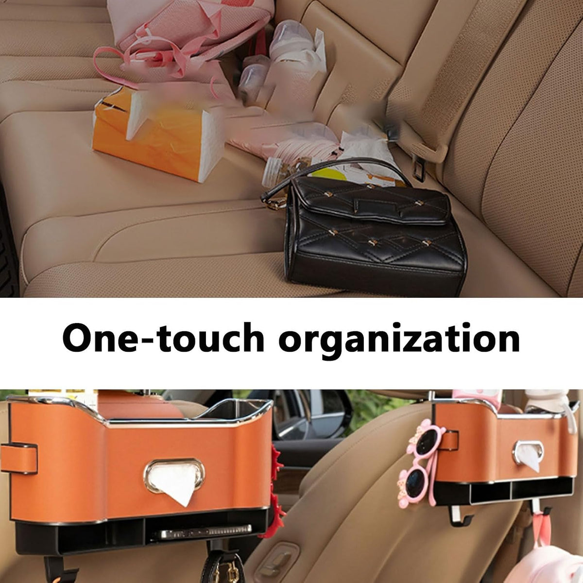 Multifunctional Car Seat Back Storage Box, Car Seat Tissue Box and Storage Box, Universal Car Tissue Organizer Back Seat with 2 Drink Cup Holder (Black)
