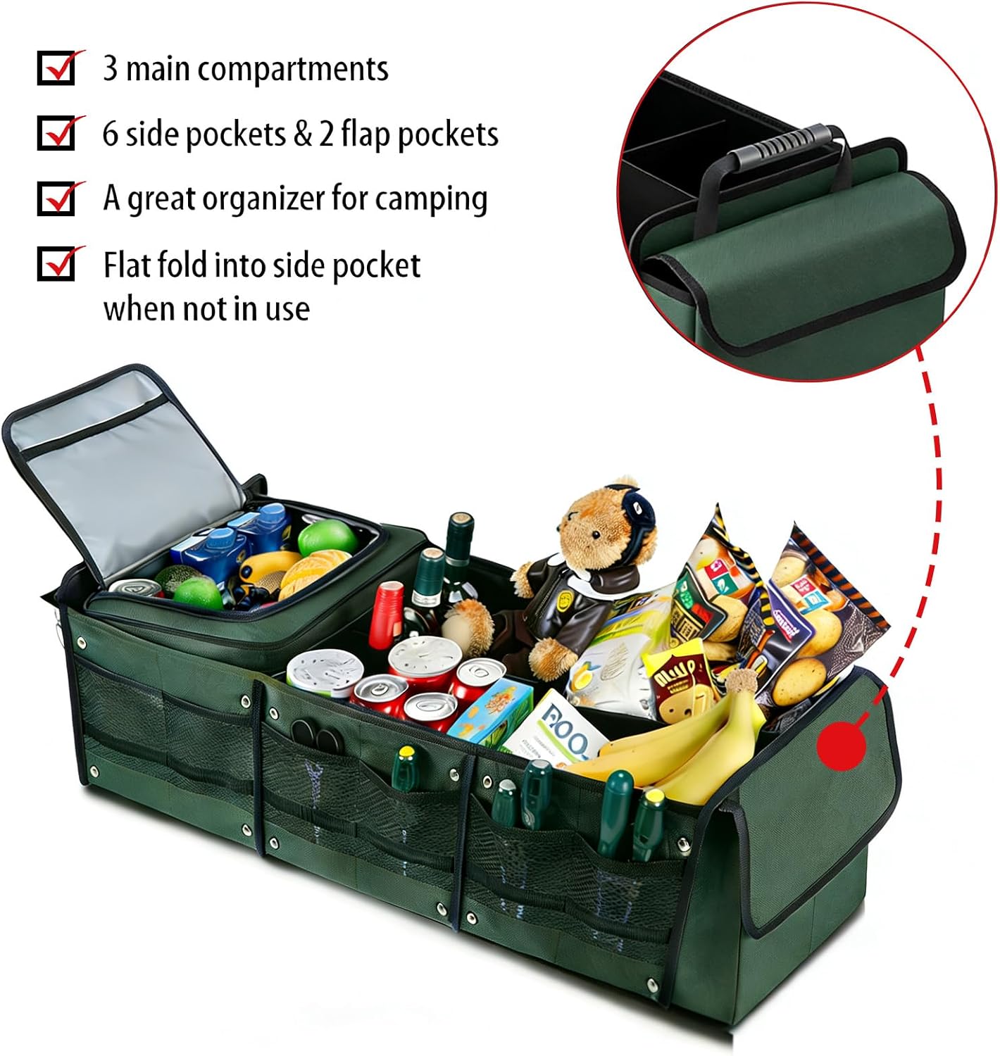 Car Trunk Organizer with Removable Cooler Bag - Collapsible Multi-Compartment Storage for SUV Truck Groceries Camping, Durable Nylon Auto Cargo Organizer (Green)