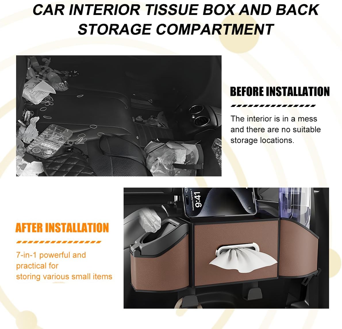 HZEL Car Seat Back Organizer, 7 in 1 Vehicle Backseat Storage Box with Cup Holder Tissue Box Trash Bin & Hooks, Multifunctional Auto Interior Headrest Organizer, Universal for SUV RV Truck (Brown)