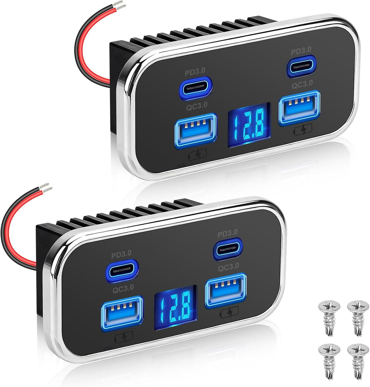 Linkstyle 12V USB Outlet Panel, 4-Port Car Charger with Dual 20W PD USB-C & Dual 18W QC3.0 Ports, Built-in Voltmeter, 12V/24V RV Charging Panel for Camper Travel Trailer