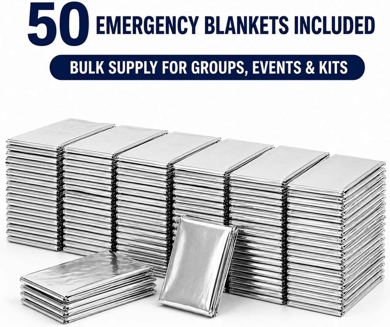 BH Lot of 50 Emergency Mylar Blankets - 84" x 52" | Mylar Emergency Blankets, Survival Foil Thermal Blankets for First Aid Kits, Camping, Hiking, Travel & Outdoor Preparedness