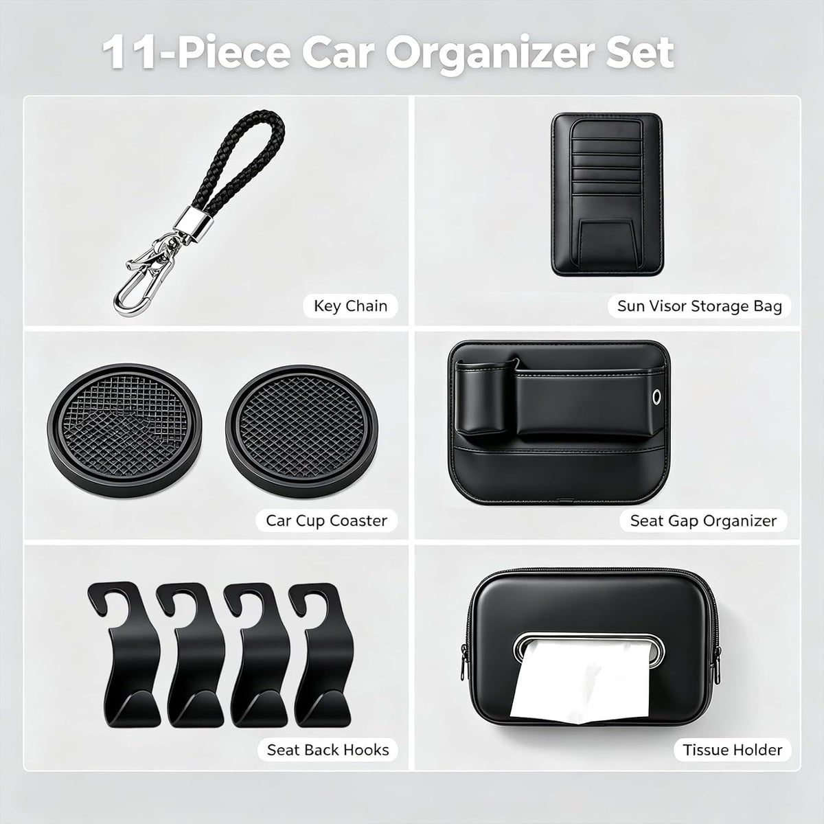 10 PCS Car Interior Organizer Accessories Set, Car Storage Kit with Seat Gap Organizer, Tissue Holder, Sun Visor Card Clip, Headrest Hooks, Cup Coasters & Keychain for Cars, SUVs (10-Pcs)