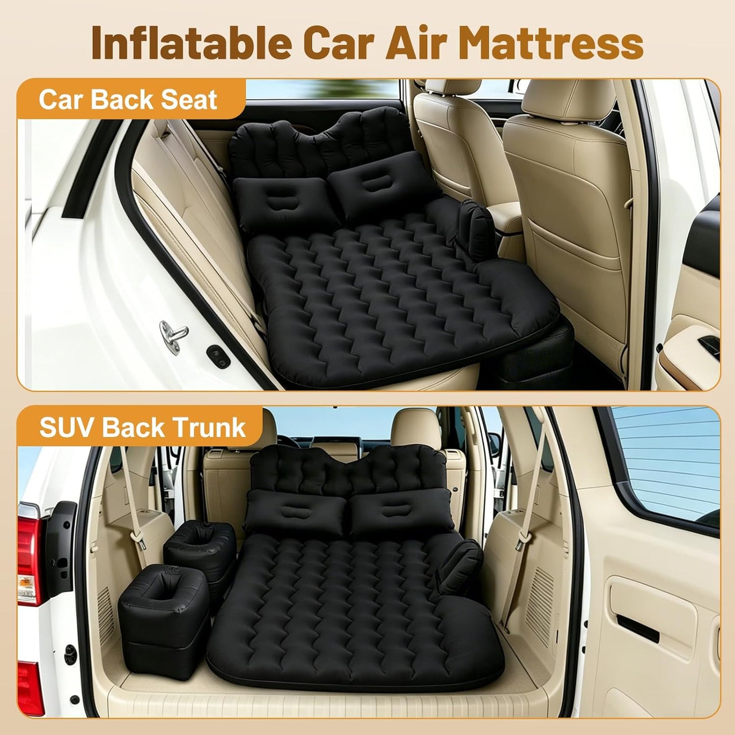 Onirii Inflatable Car SUV Air Mattress Back Seat Bed | Portable Thickened Car Travel Camping Sleeping Air Mattress Blow Up Bed with Air Pump for Car Universal SUV