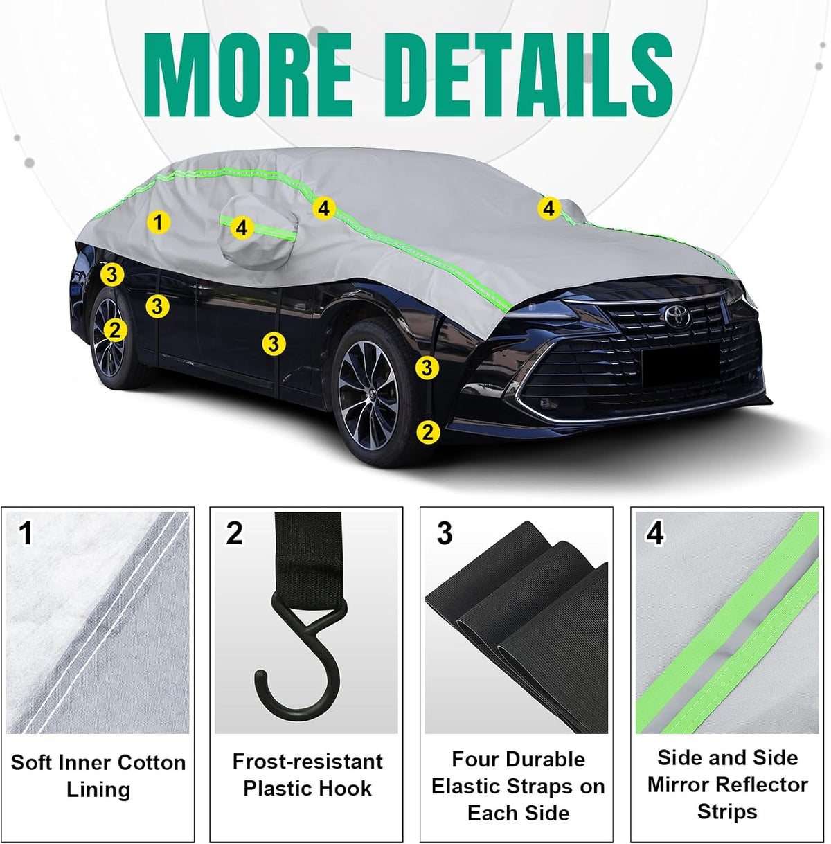Half Car Cover Sedan with Green Reflective Strip, Hail Protector Car Cover with Cotton Liner, Sunroof & Windshield Cover for Ice and Snow, All Weather Car Body Cover for Sun, Rain, Dust