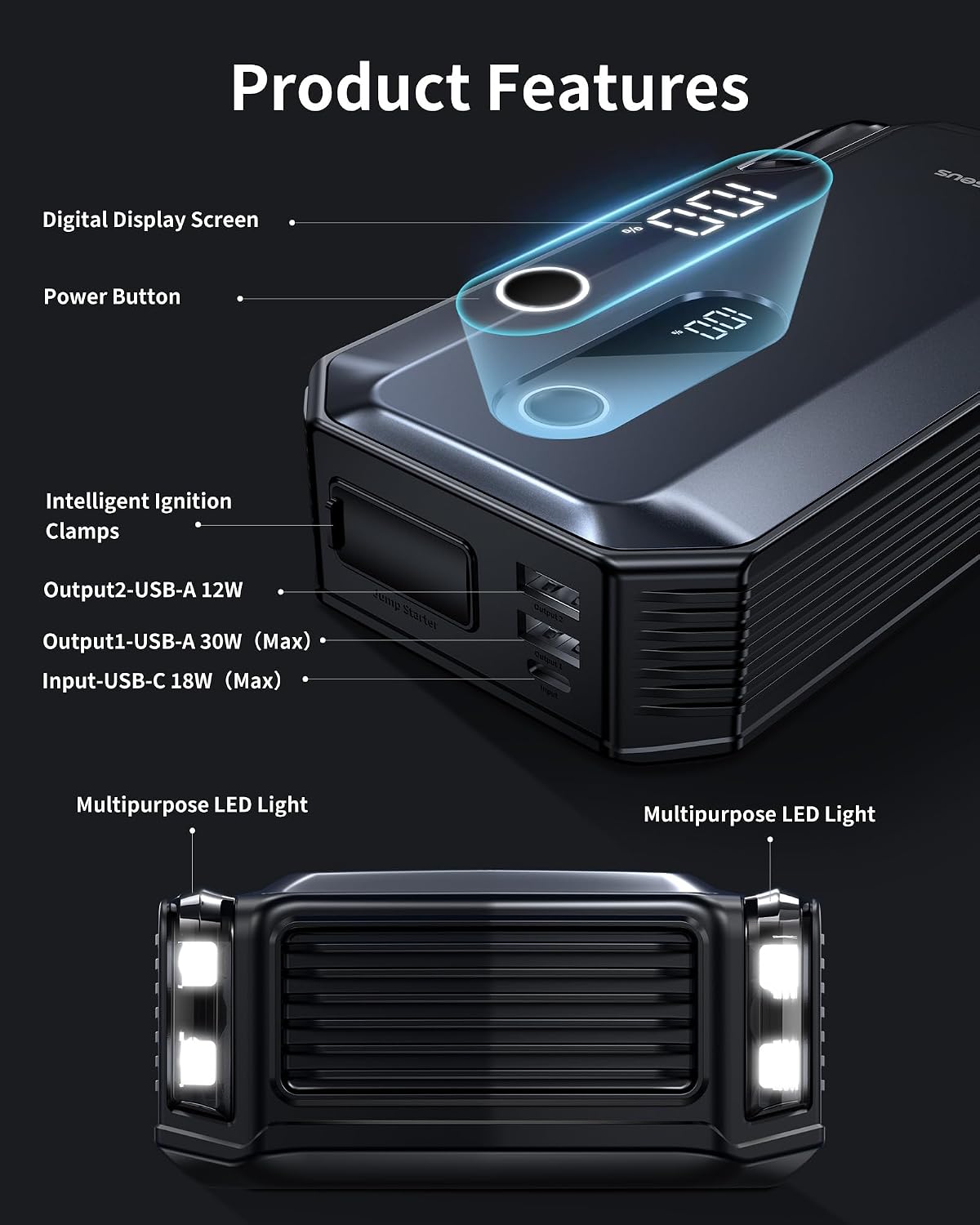 Baseus 8000A Jump Starter, 20000mAh Portable Jump Starter Battery Pack, 12V Car Battery 5 in 1 Jump Starter with 30W Fast Charging and LED Display, for Up to 10.0L Gas 6.0L Diesel Engines