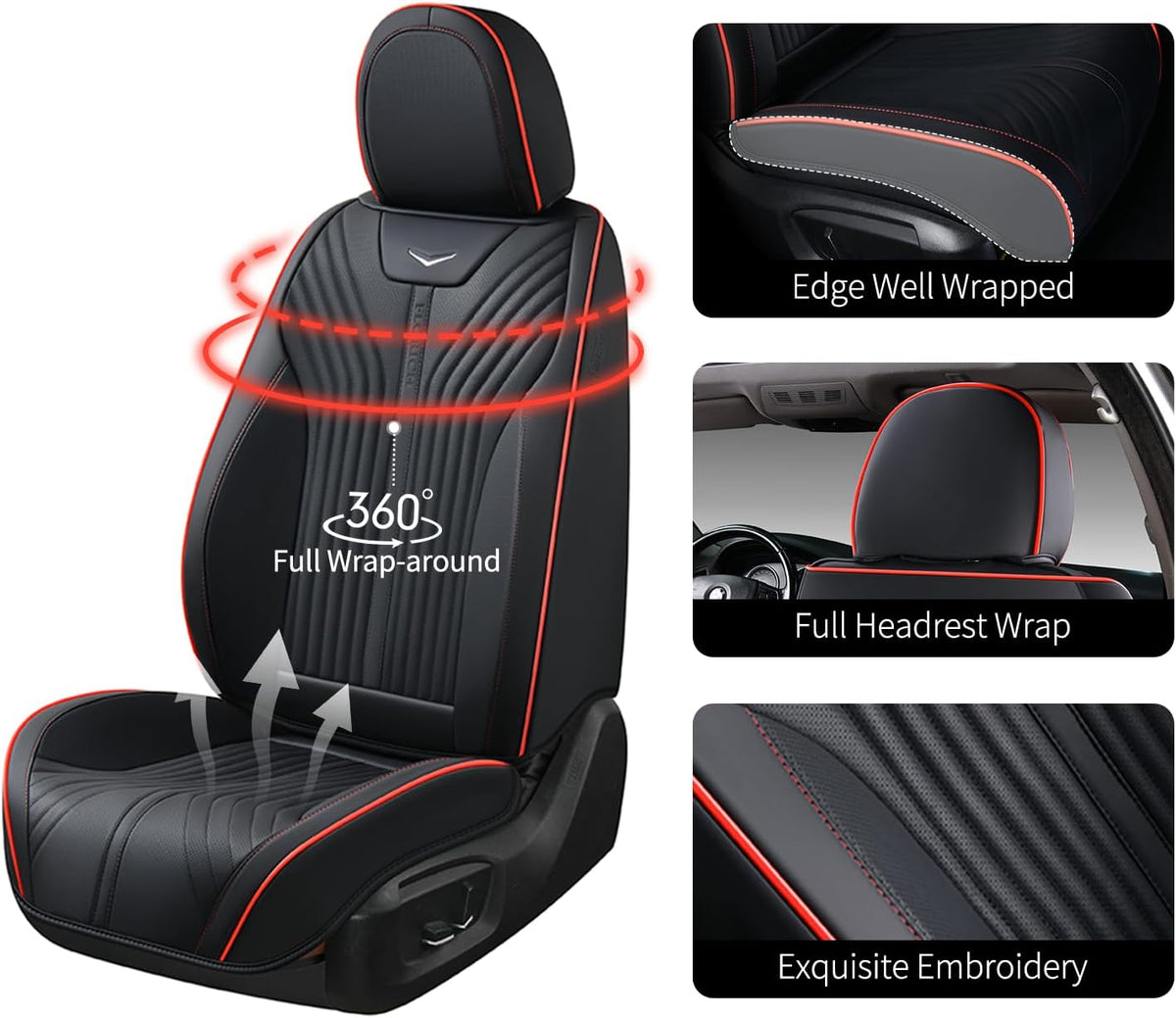FLORICH Automotive Seat Covers Front Seats Leather Car Seat Cover Waterproof Breathable Car Seat Cushion Protector Universal Fit for Most Cars Trucks SUV, Black&Red Line