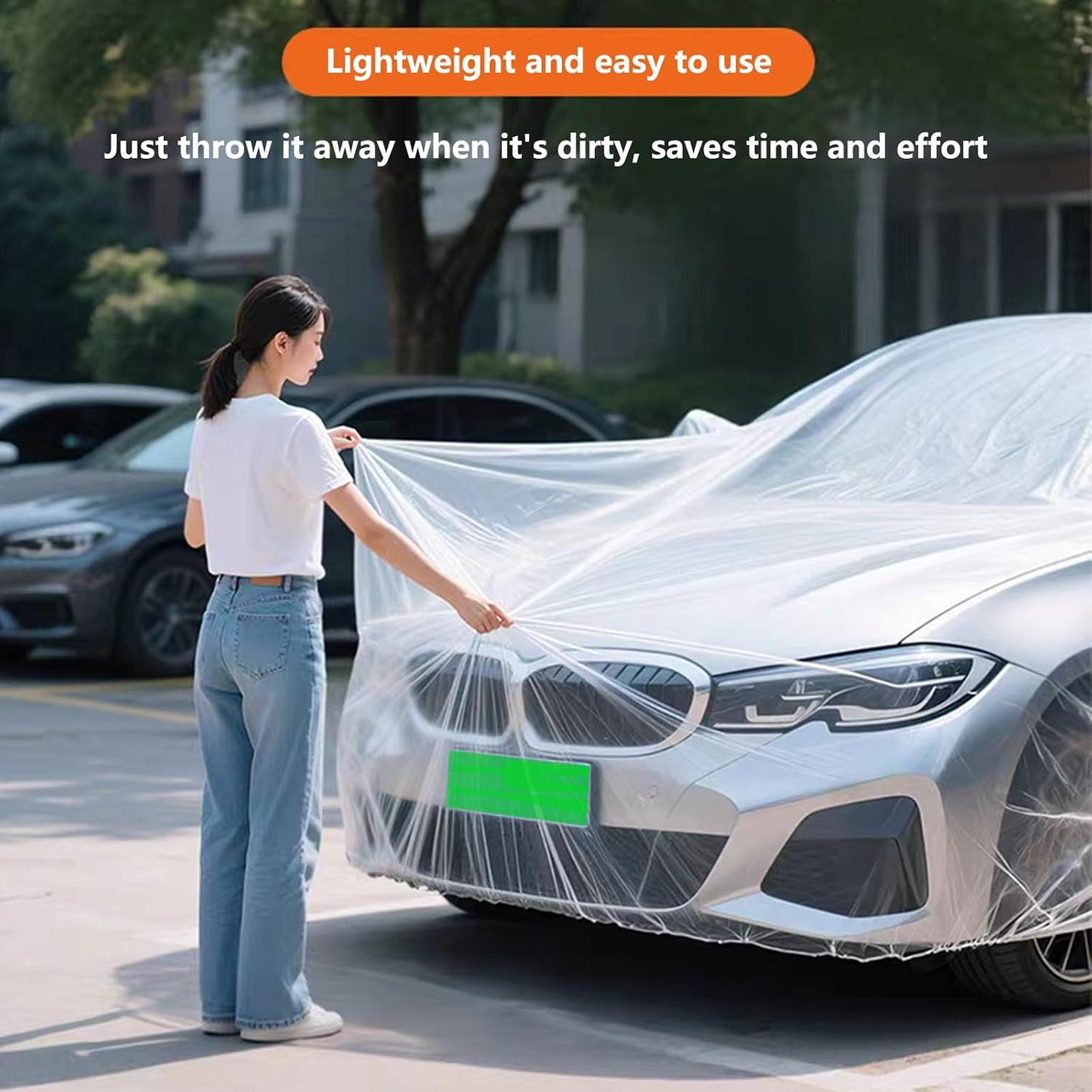 Car Essential Universal Disposable Clear Plastic Car Cover Suitable SUV Sedan (Membrane Size：12.5ft x 21.4ft) with Elastic Band for Outdoor Snow Rain Weather，Individually Packaged, Super Convenient