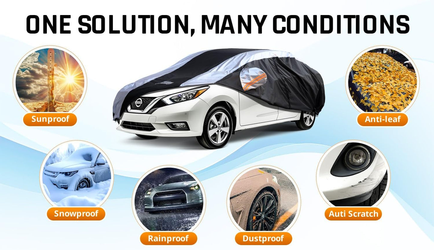 Versa Car Cover Waterproof All Weather with Silver Strip Design, Custom Fit for Versa 20012–2025, Versa Accessory with Door Zipper & Windproof Straps