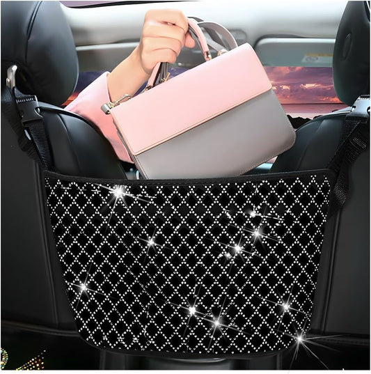 zipelo Bling Car Net Pocket Handbag Holder, Rhinestone Vehicle Backseat Purse Organizer Between Seats, Diamond Hanging Storage Bag Barrier of Pet Kids, Universal Automotive Accessories (White)