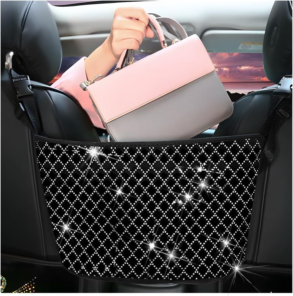 zipelo Bling Car Net Pocket Handbag Holder, Rhinestone Vehicle Backseat Purse Organizer Between Seats, Diamond Hanging Storage Bag Barrier of Pet Kids, Universal Automotive Accessories (Pink)