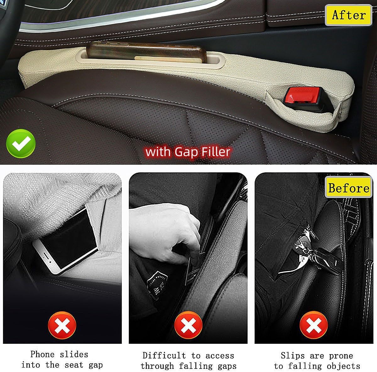 2 Pack Car Seat Gap Filler Organizer for Driver Side and Passenger Side Auto Center Console Side Filler Filler for Car Front Seat (Beige 2 pcs)