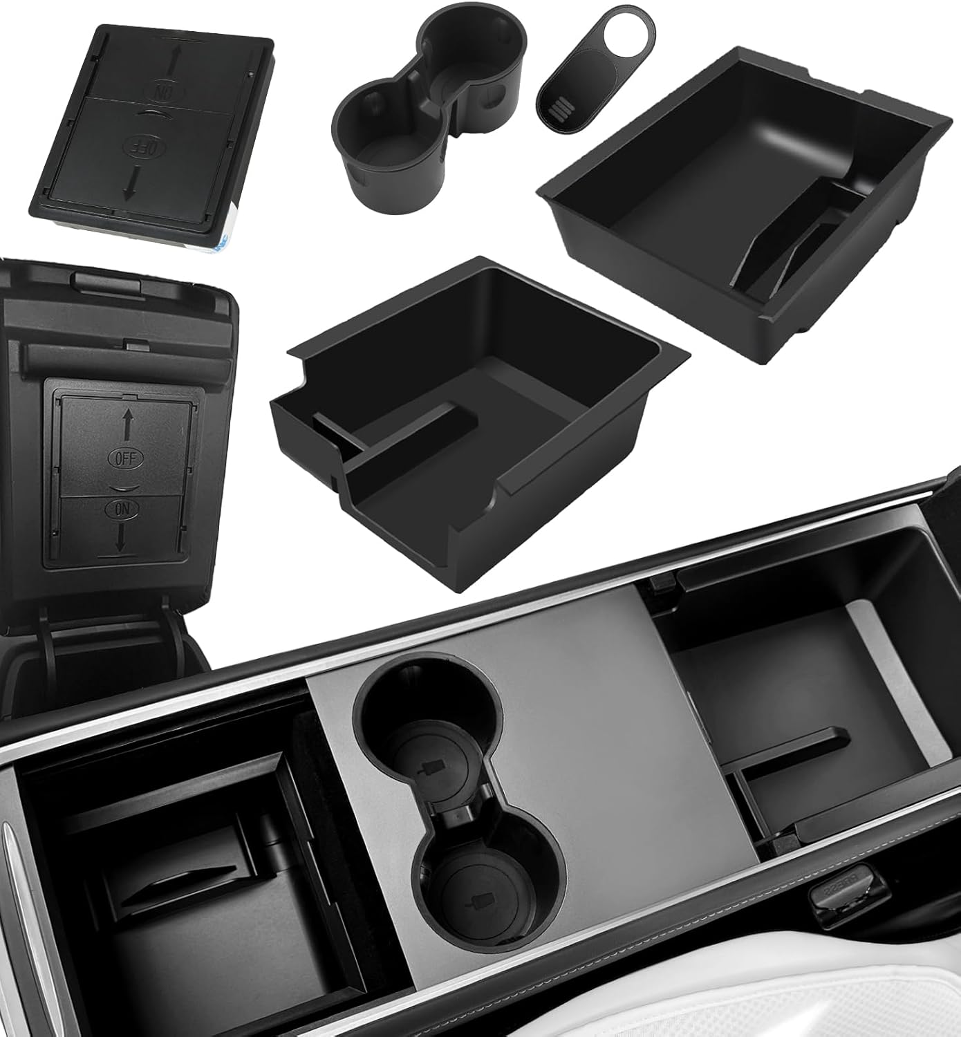 WinDu 5PCS Model 3 Model Y Center Console Organizer Tray Compatible for Tesla 2021-2024 Model Y and 2021-2023 Model 3 Accessories Armrest Hidden Box Storage Tray Cup Holder Camera Cover
