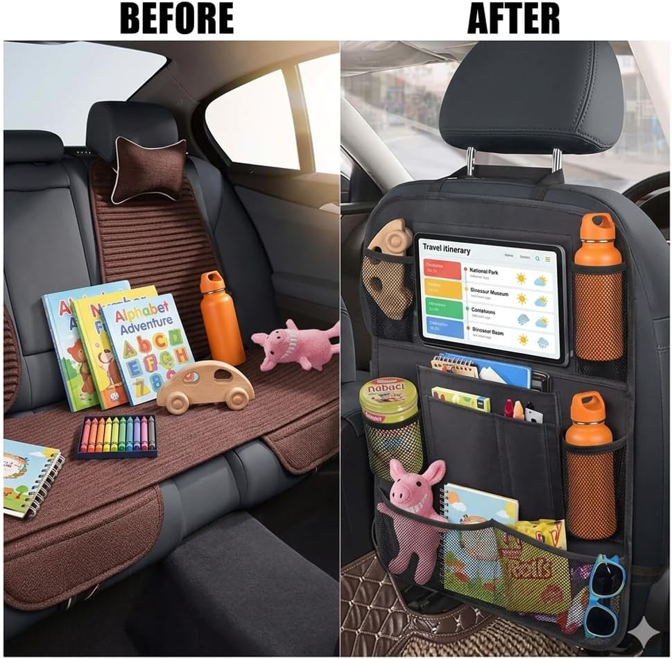 2 Pack Backseat Car Organizer & Kick Mat, Waterproof Seat Back Protector with Clear Pad/Tablet Holder, Universal Fit Car Organizer for Kids Travel Essentials & Storage for SUV/Truck/Sedan