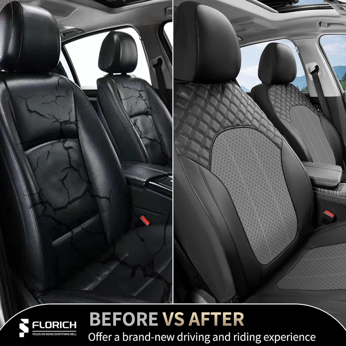 FLORICH Automotive Seat Covers 2 Seats Breathable Front Car Seat Cover Leather Air Mesh Car Seat Protector Cushion Airbag-Compatible Universal Fit for Most Car SUV Sedan Truck, Gray&Black