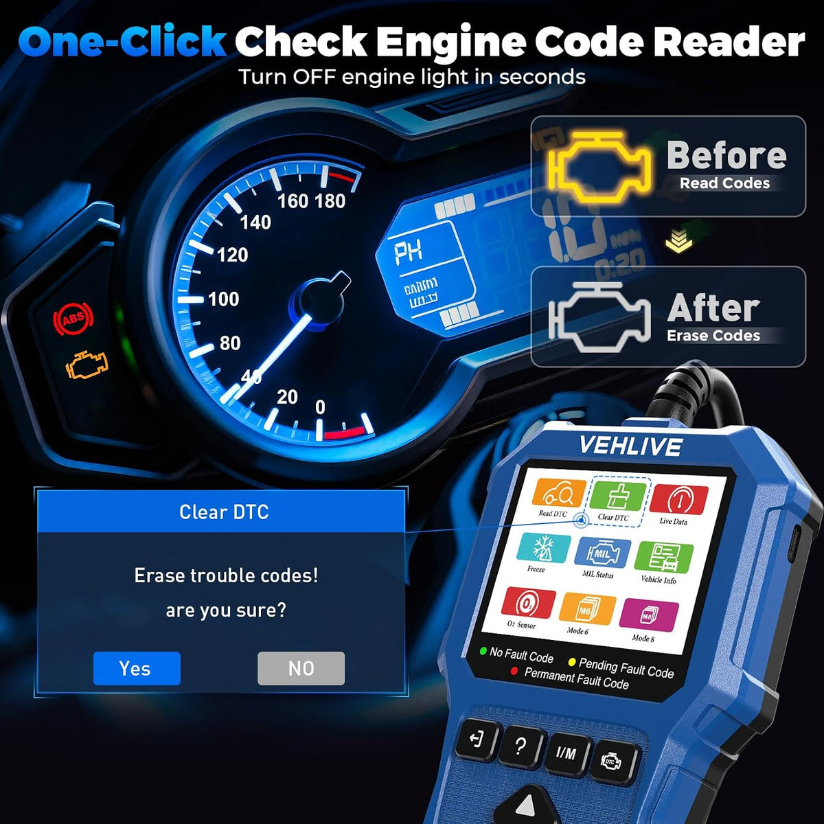 Motorcycle System Diagnostic Measurement Tool, Moto OBD2 Scanner with Voltage Test, Motorcycle Fault Code Reader with Quick Test Compatible for Yamaha, Honda, Kawasaki, Generation, KYMCO, SYM