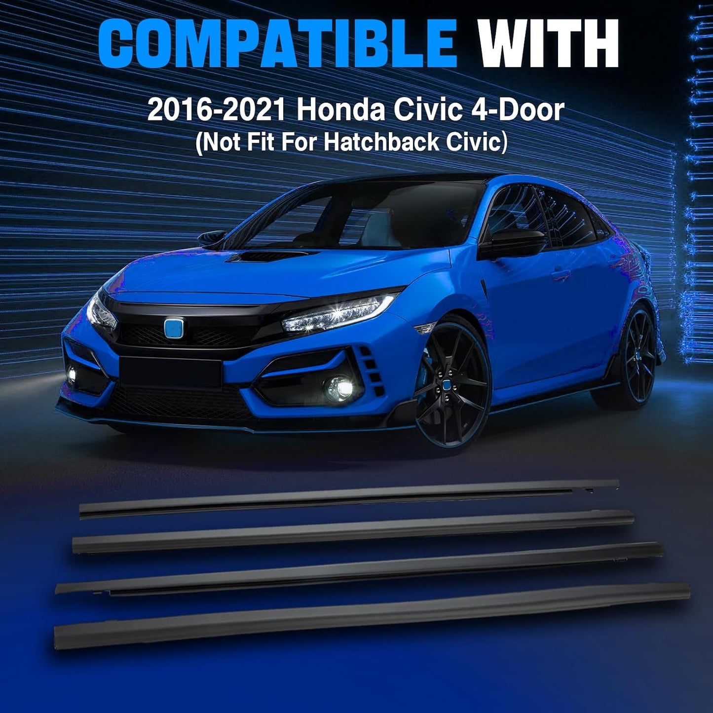 Door Window Trim Seal Weather Stripping Moulding Belt Sweep Felt Fit Honda Civic 2016 2017 2018 2019 2020 2021 4 Door Sedan Replaces 72450-TEA-T01 72410-TEA-T01 72950-TEA-T01 72910-TEA-T01