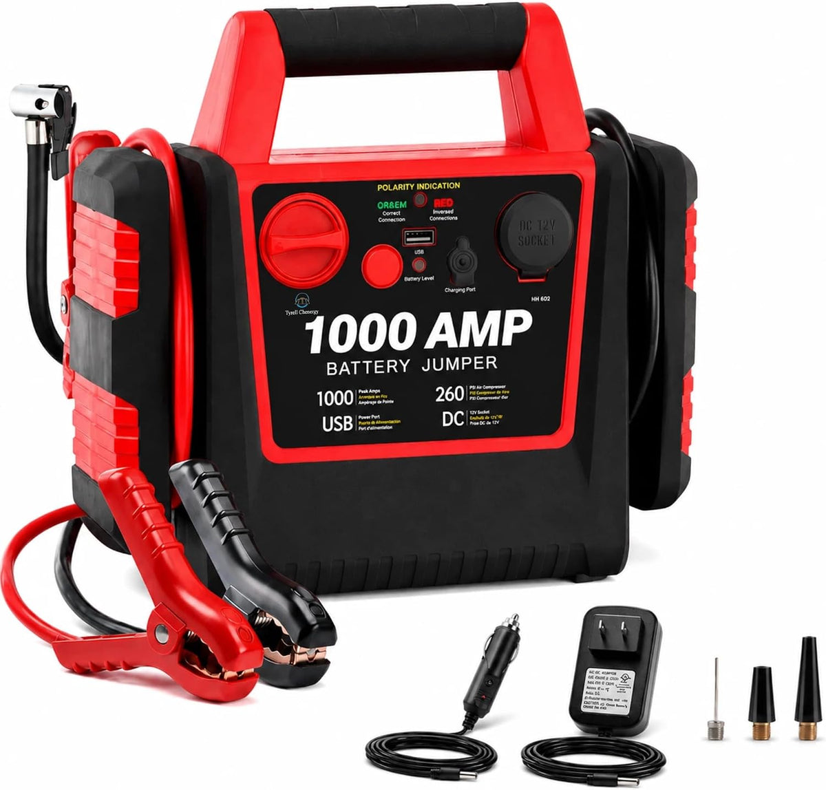 4 in 1 Battery Booster Jump Starter with Air Compressor Portable 260PSI Tire Inflator,1000 Amp Jumper starter power pack Jump Box,12V Power Station with USB Port and DC Outlet