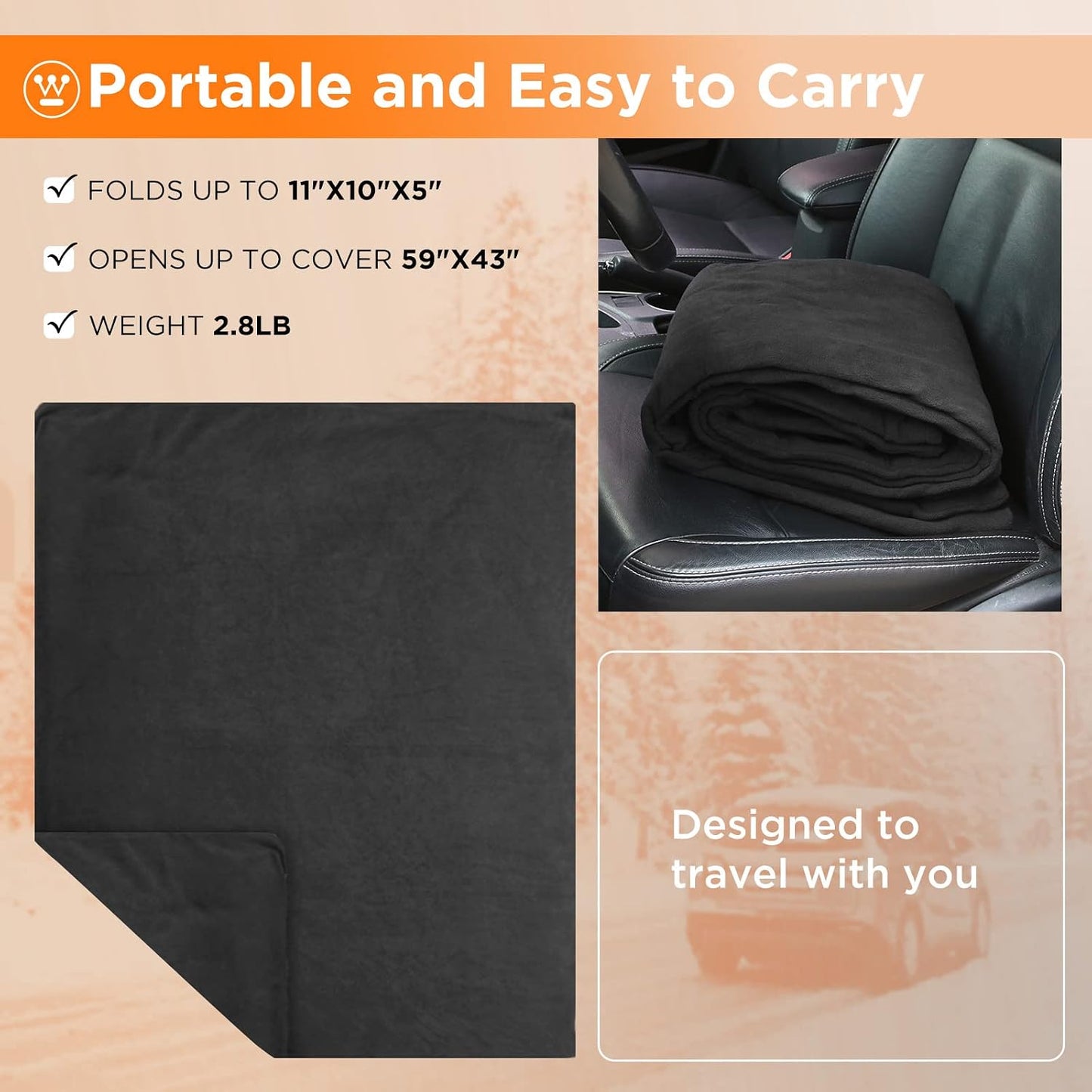Westinghouse Heated Car Blanket, 12-Volt Electric Blanket for Car, Truck, SUV, RV, Portable Heated Throw for Camping, Charcoal, 59" x 43”