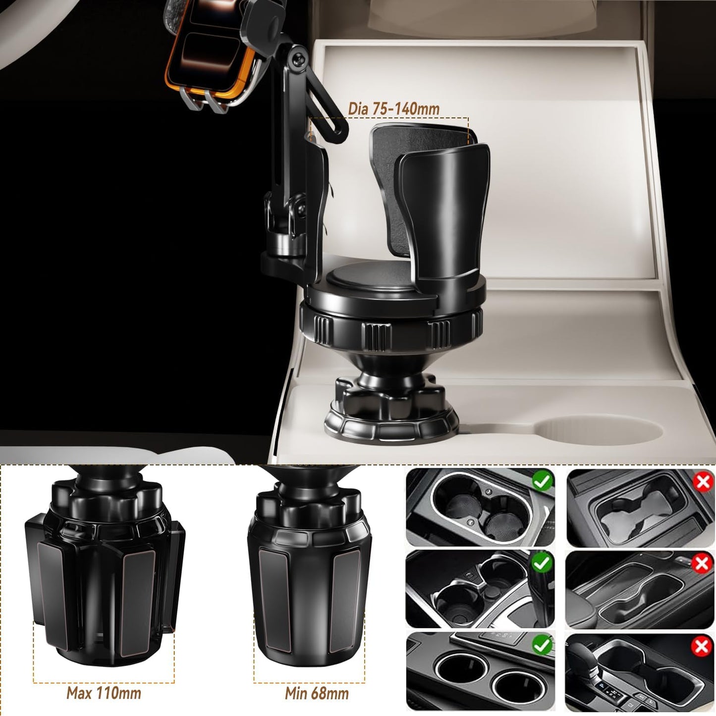 EXELIQ Cup Holder Expander with Phone Mount for Car, 2-in-1 Adjustable Cup Holder Fits Large Bottles, Tumblers & Fast Food Drinks, Universal Phone Mount 360° Rotating Arm for 4.7–7" Phones