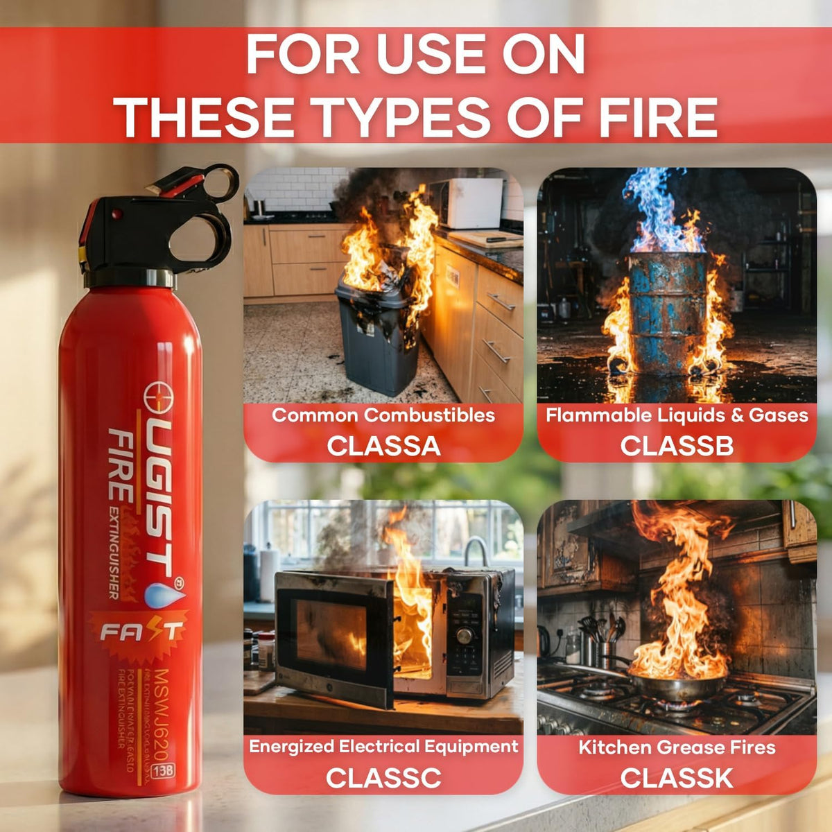 Multipurpose Fire Extinguisher (4 Pack, 21oz Each) with Wall Mount Bracket, Water-Based Foam No Residue, for Kitchen Grease & Electrical Fires, Portable Small Extinguisher for Home, Vehicle & Office