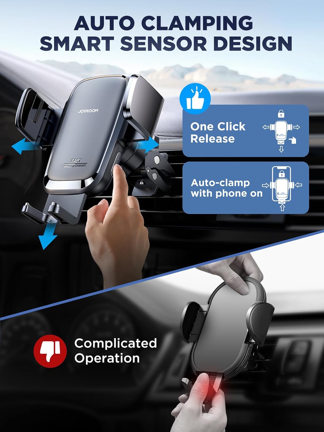 JOYROOM Wireless Car Charger, 15W Auto Clamping Car Phone Holder Charger