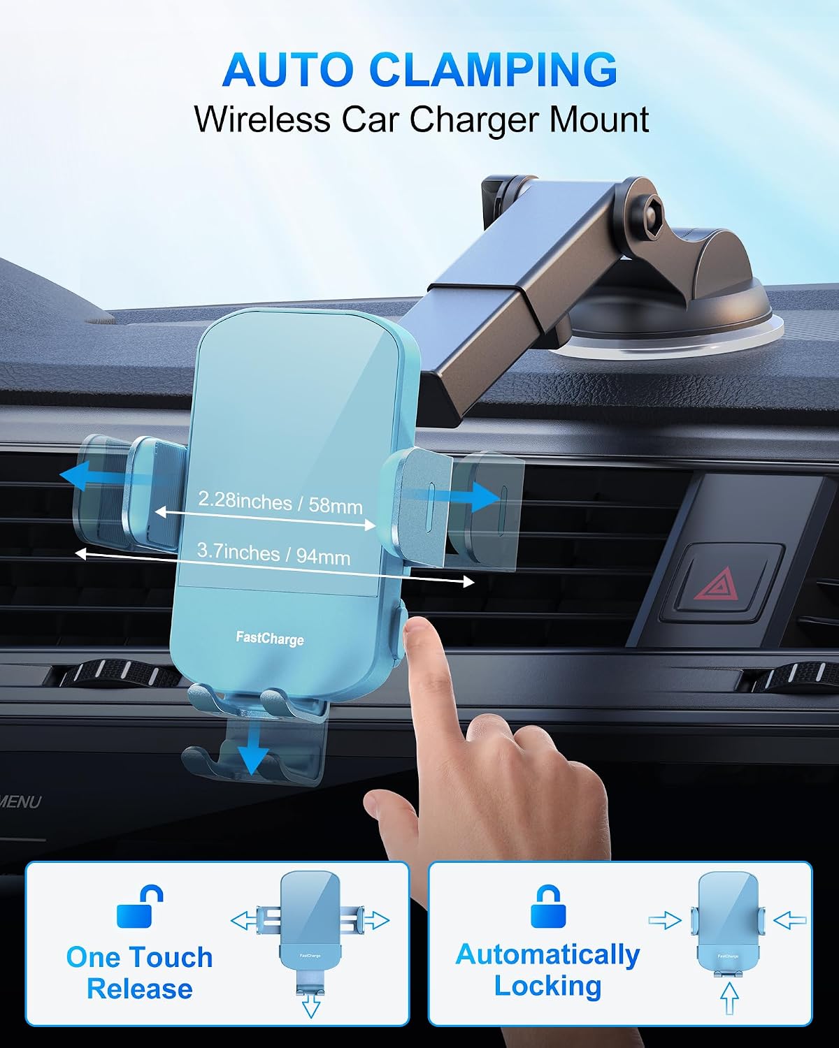 Wireless Car Charger, 15W Fast Charging Auto Clamping Car Charger Phone Mount Phone Holder fit for iPhone 15 14 13 12 11 Pro Max Xs, Samsung Galaxy S24 Ultra S23 S22 S21, S20, S10+, Cyan