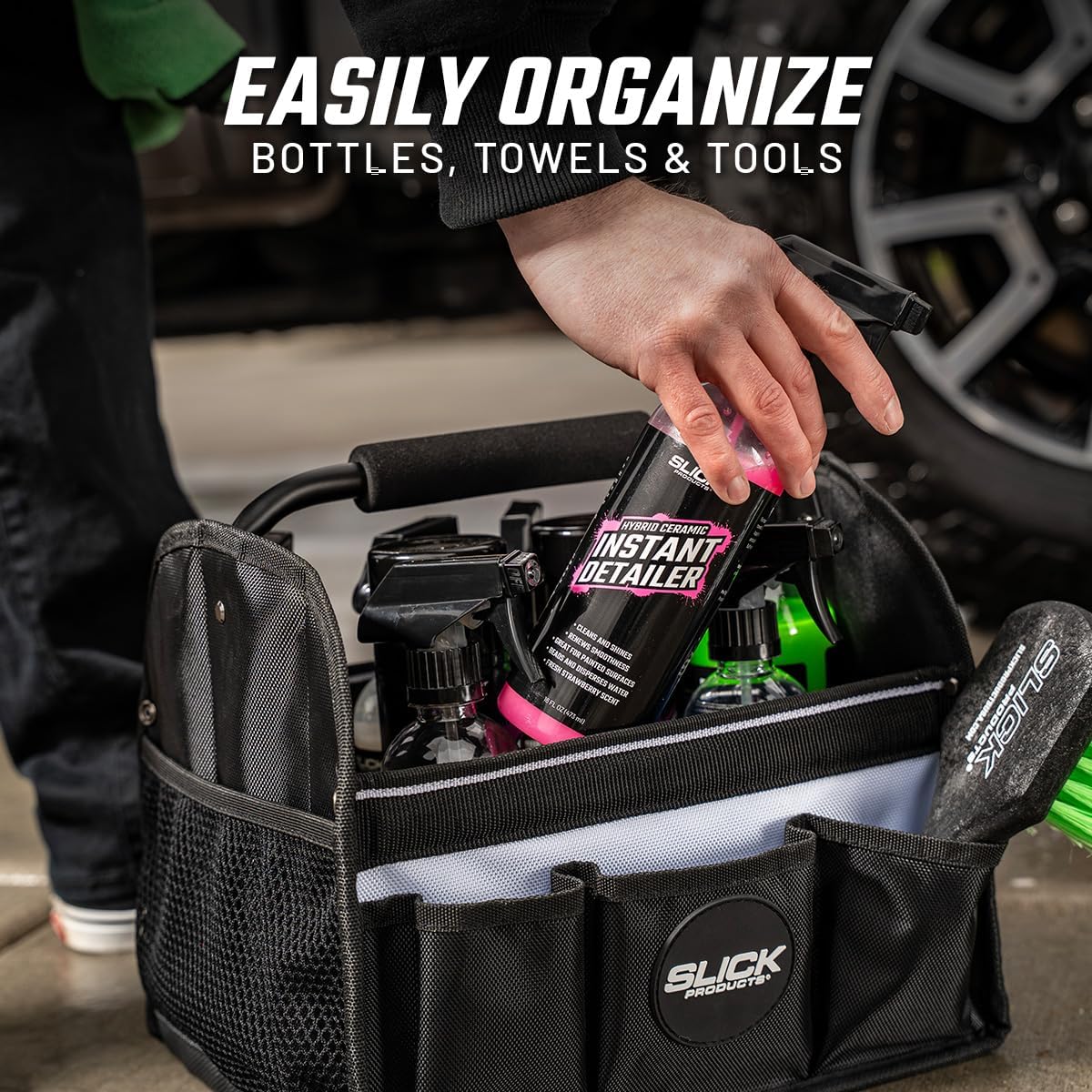 Slick Products Mobile Detailing Storage Caddy – Car Wash Organizer Tote for Detailing Supplies, Tools & Cleaning Products – Heavy-Duty Portable Storage with Carry Handle