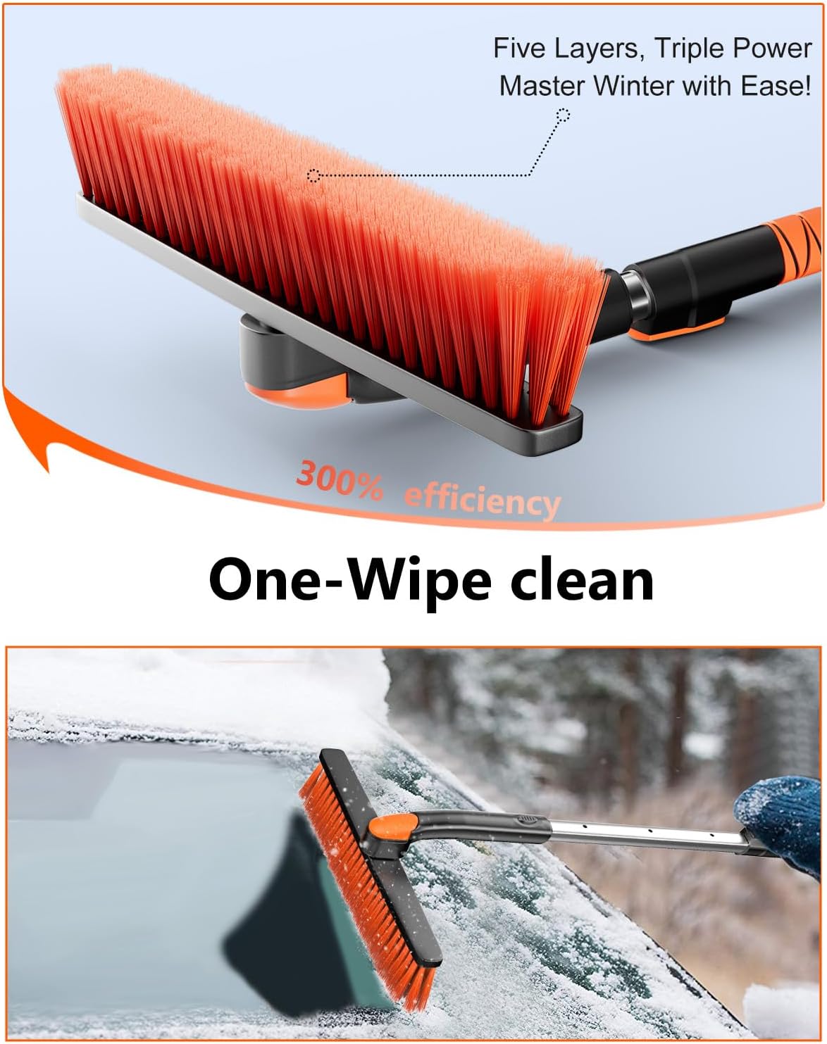 DooGooCoo [Upgrade] Ice Scraper &amp; Extendable Snow Brush for Car Windshield [Military-Grade Sturdy] - 360° Pivoting Brush Head with Silicone Grip for Effortless One-Swipe Clean on Auto (Large)