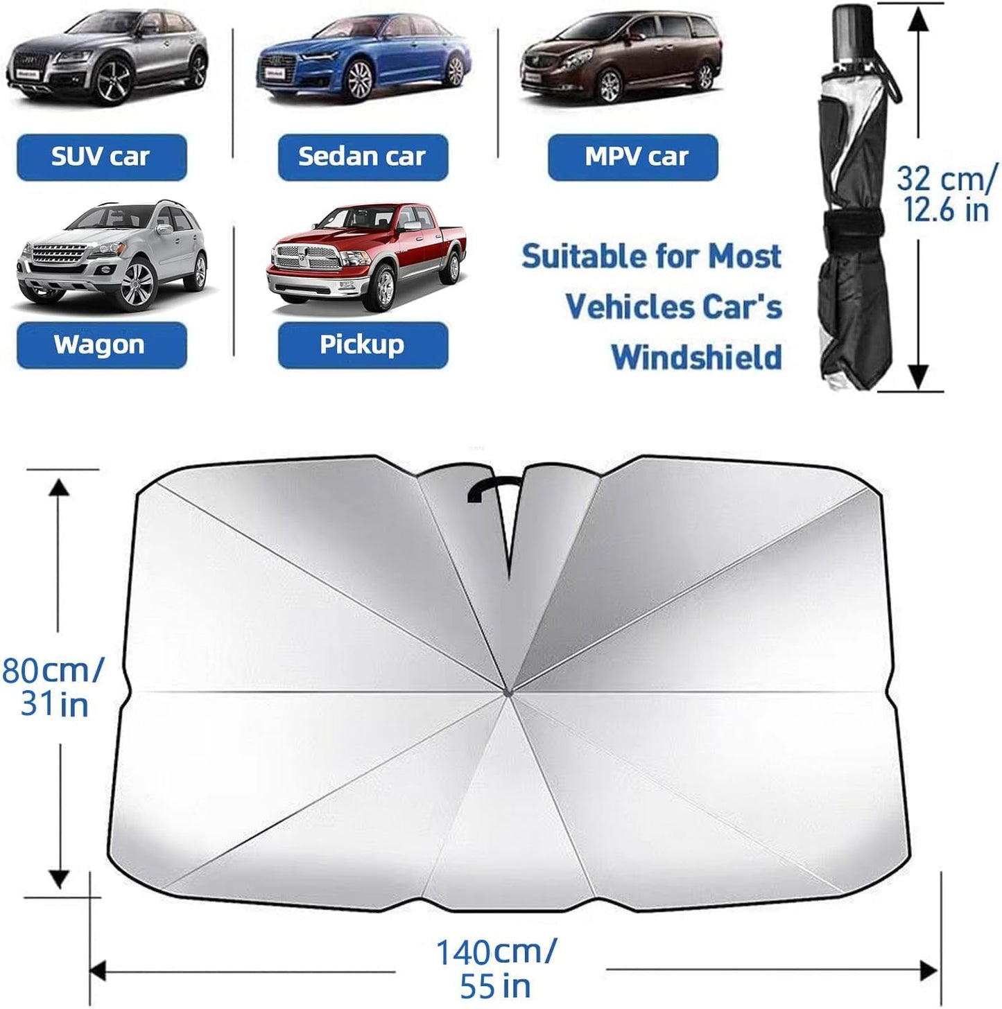2026 Car Windshield Sun Shade Umbrella, Foldable Front Window Sunshade, 5-Layer UV Block & Heat Insulation Protection, Medium 55"x31" for Mid-Size Sedan