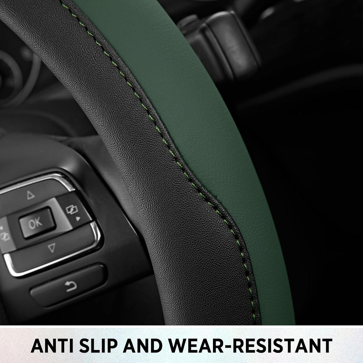 Road Comforts Steering Wheel Cover, Breathable Anti-Slip Leather Steering Wheel Cover, Universal Fit 14.5–15 Inch, Comfortable Grip - Green Color