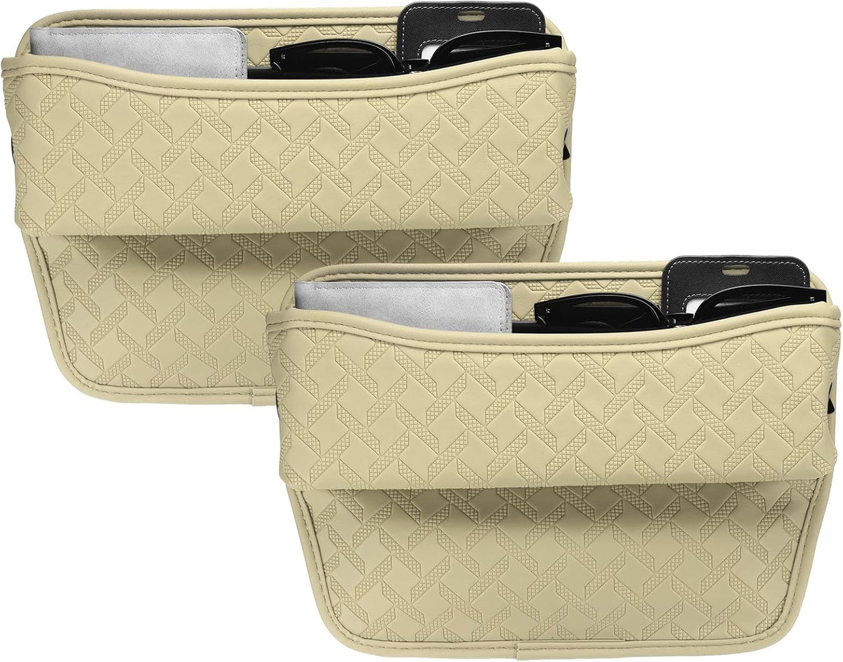 HARFINGTON 2pcs Car Seat Gap Filler Organizer 11.5 x 8 x 2.1 Inch Leather Universal Car Organizer Storage Box Between Seat and Console for Phone Sunglasses Keys, Beige