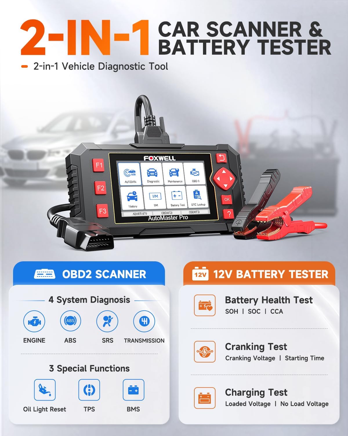 FOXWELL NT604Pro 2-in-1 OBD2 Scanner & Battery Tester, 4-Systems, 3 Resets