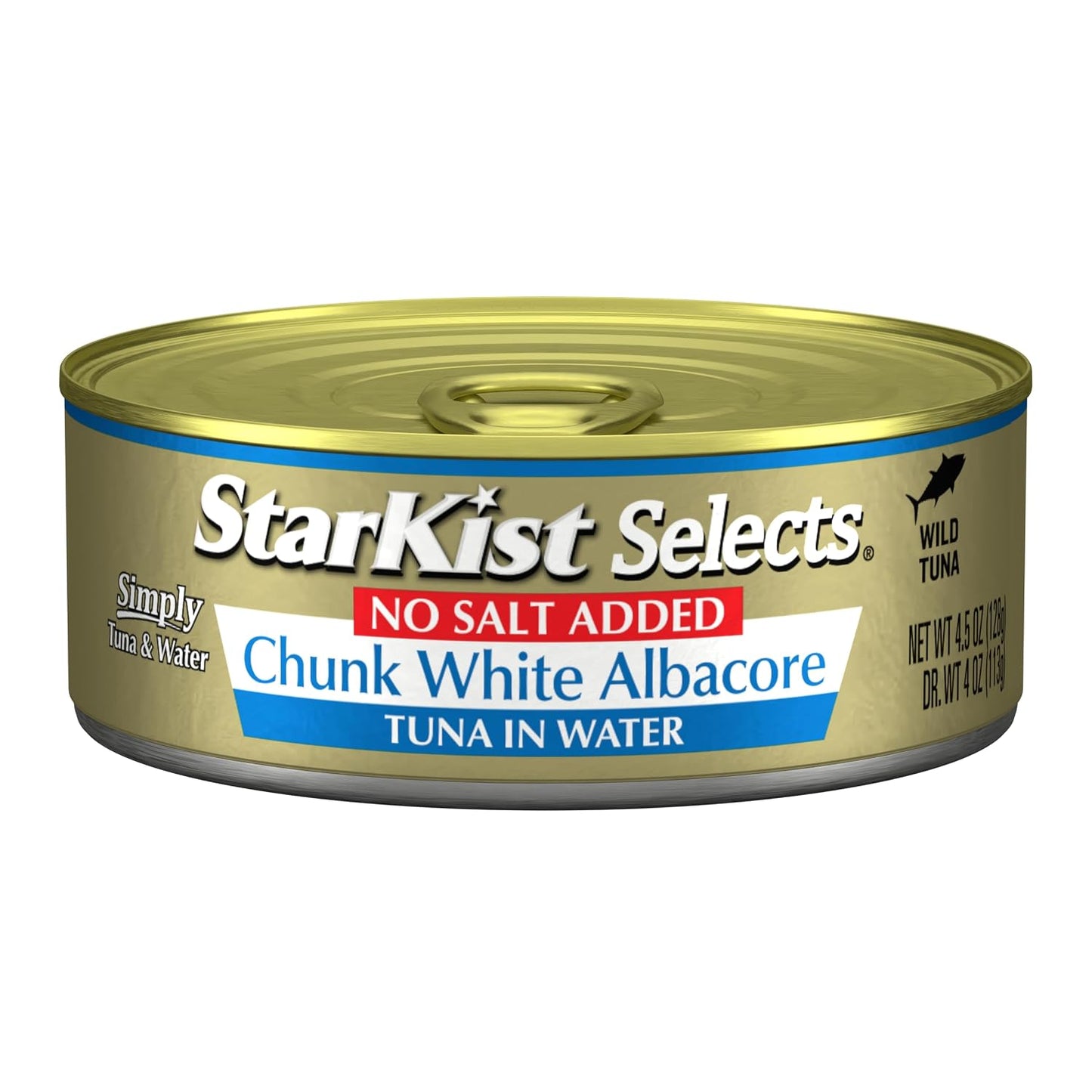 StarKist Selects No Salt Added Chunk White Albacore Tuna, 4.5oz, 12-Pack | 30g Protein Per Serving, Wild Caught, Canned Tuna, Gluten Free, Soy Free, Perfect for Salads, Sandwiches