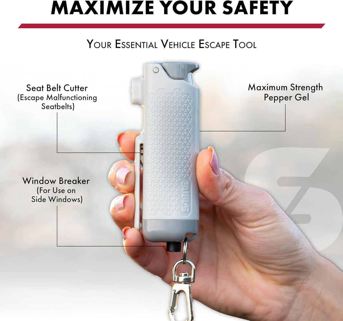 SABRE Auto Safe Escape Pepper Gel Spray with Seat Belt Cutter & Window Glass Breaker for Automotive Safety - Max Strength, Fast Flip-Top Safety, Snap-Clip Keychain, 10 Sec. Spray Time, 0.54 fl oz