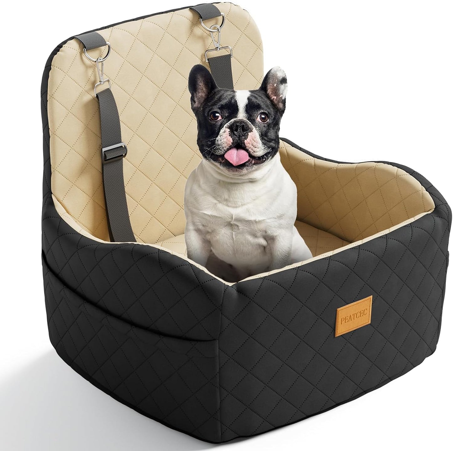 Dog Car Seat for Small/Medium Dogs Under 35lbs, Detachable & Washable Elevated Pet Travel Bed, 2 Storage Pockets & Safety Belt, Anti-Slip Base, Booster Car Seat with Seamless Bottom Design