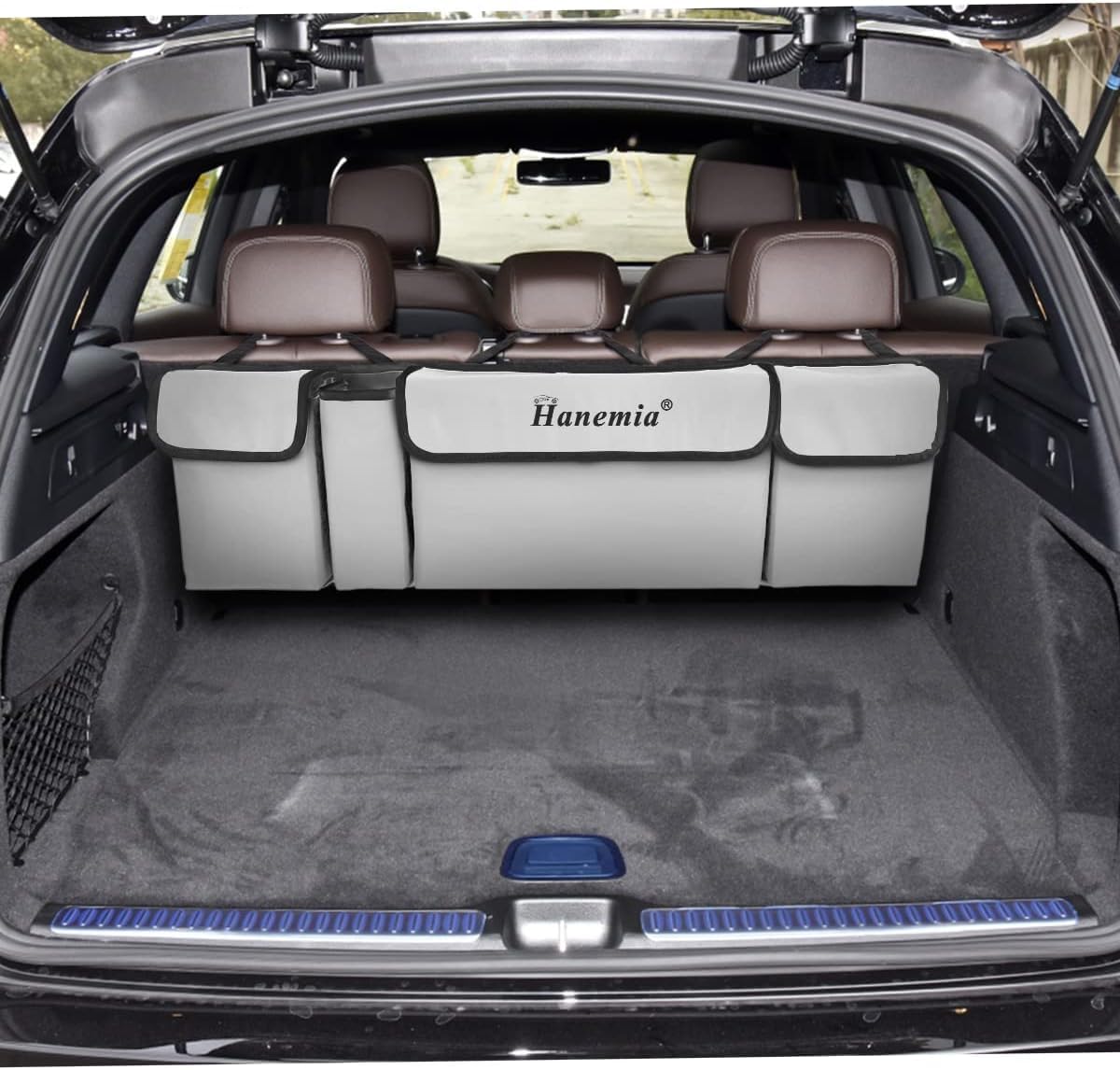 Car Trunk Organizer and Storage, Backseat Hanging Organizer for SUV, Truck, MPV, Waterproof, Collapsible Cargo Storage Bag with 4 Pockets, Car Accessories for Men and Women (Beige)