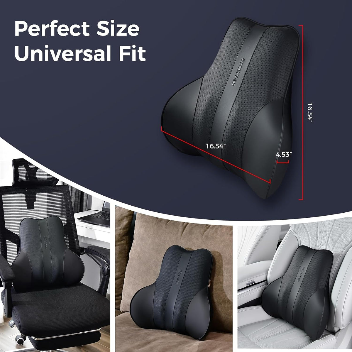 Coverado Lumbar Support Pillow for Car, Ergonomic Memory Foam Back Pillow for Office Chair, New Back Cushion for Pain Relief, PU Leather Car Lumbar Support for Driving Seat Black