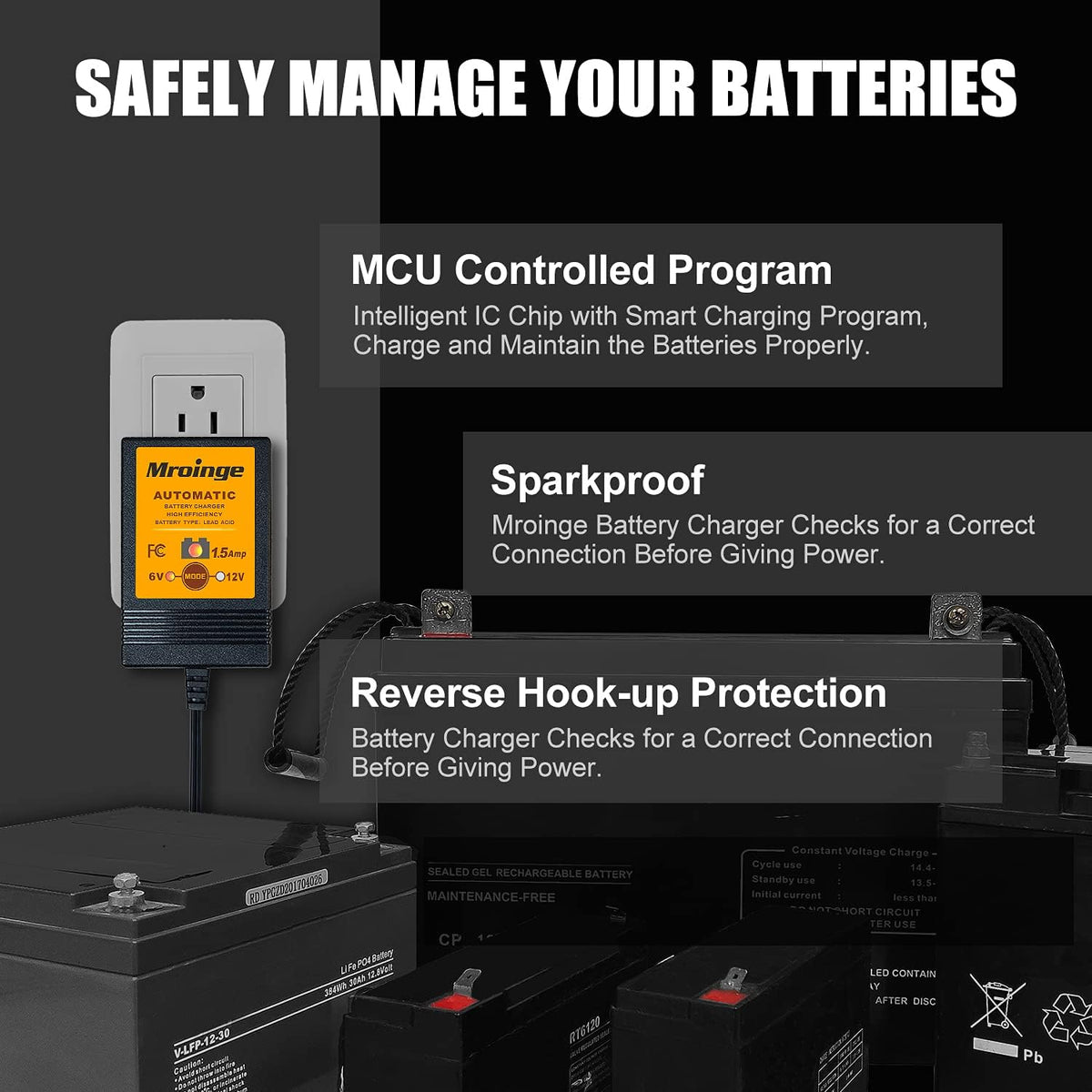 Smart Battery Charger, Mroinge 1.5A 6/12V Fully Automatic Trickle Charger/Maintainer for Motorcycle, ATV, Lawnmowers and More