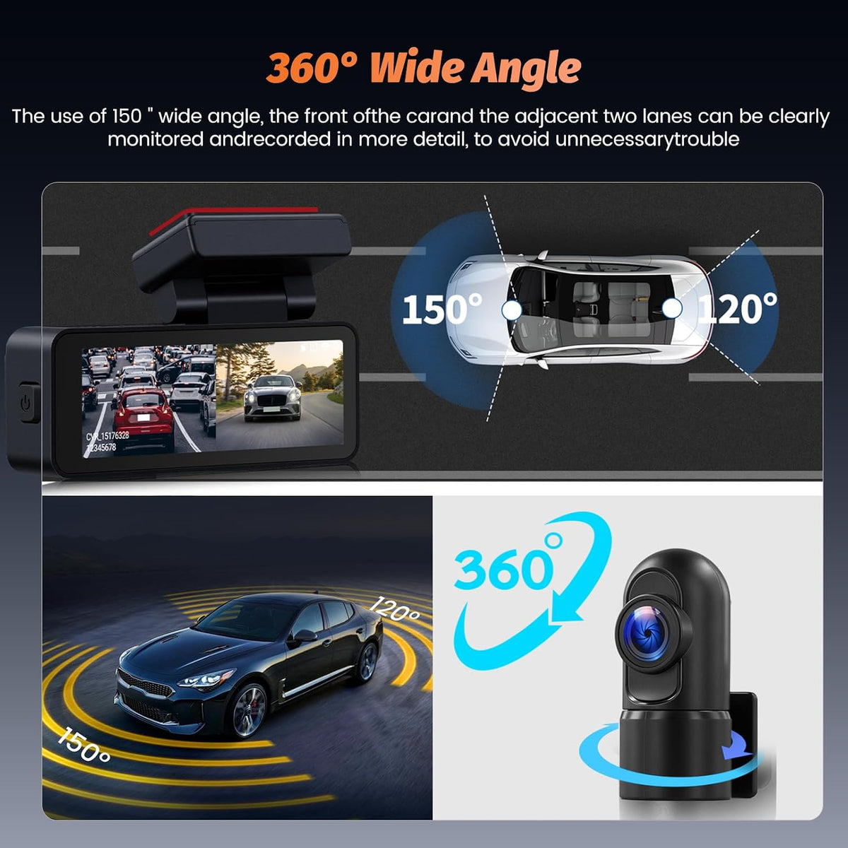 3.16" 4K Dual Dash Cam, Front 4K+Rear 1080P