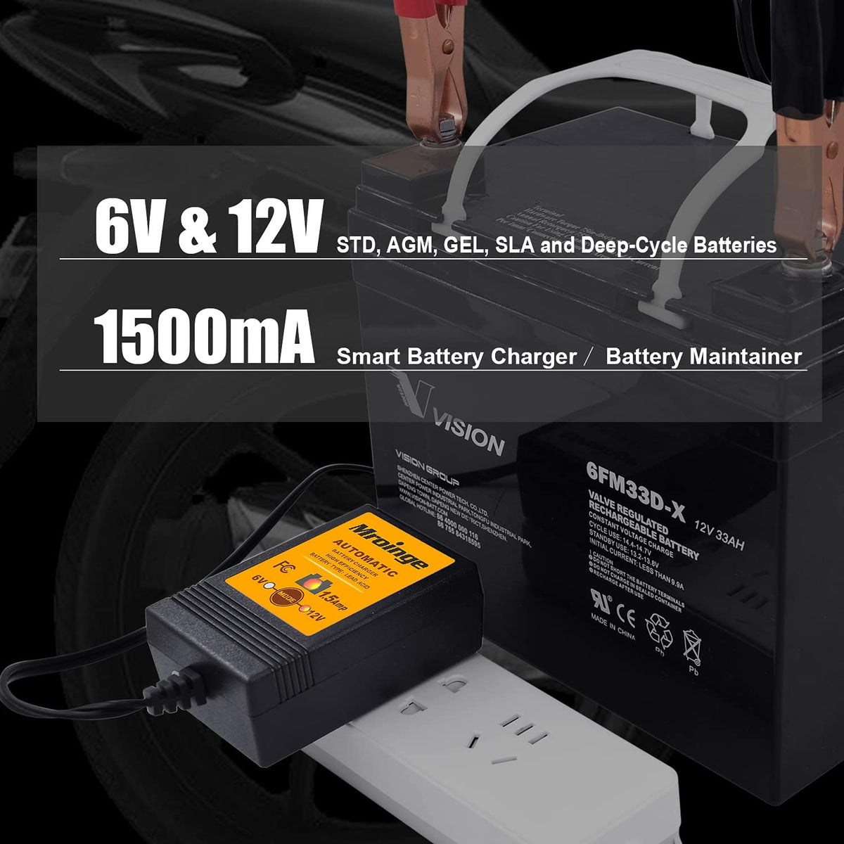 Smart Battery Charger, Mroinge 1.5A 6/12V Fully Automatic Trickle Charger/Maintainer for Motorcycle, ATV, Lawnmowers and More