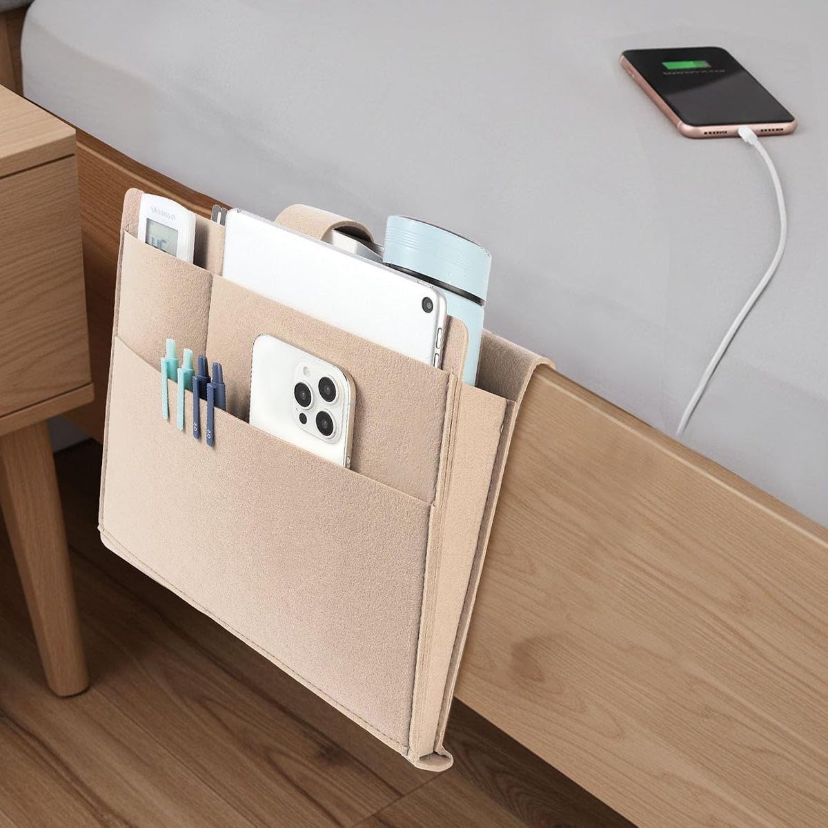 Seefoo Bedside Caddy, Large Bed Caddy Organizer with Cord Slit, Beige